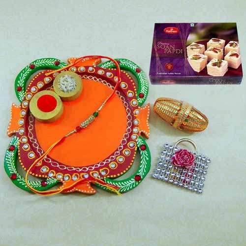 Multi Colored Rakhi Thali with Soan Papdi 250grm. - USA Delivery