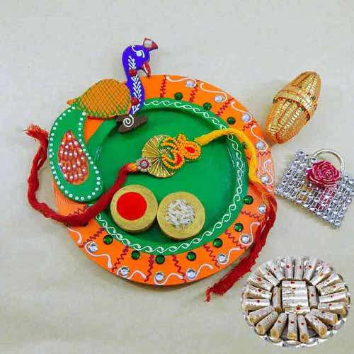 Peacock Wooden Puja Thali with Kaju Rolls 200 grm - USA Delivery