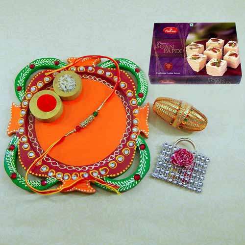 Multi Colored Rakhi Thali with Soan Papdi 250grm. - UK Only