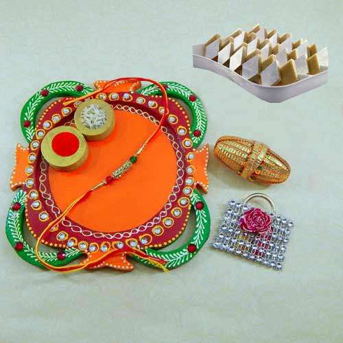 Multi Colored Rakhi Thali with Kaju Barfi 200grm. - UK Only