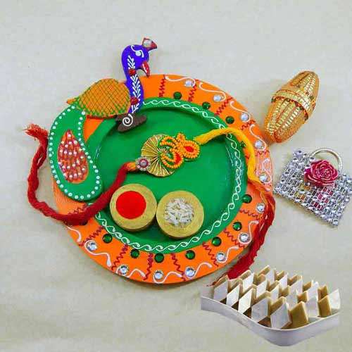 Peacock Wooden Puja Thali with Kaju Barfi 200 grm - AUS Delivery