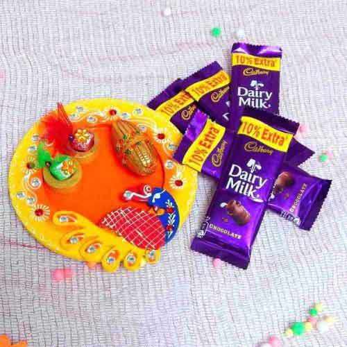Wooden Peacock Thali With Chocolate - USA Delivery Only