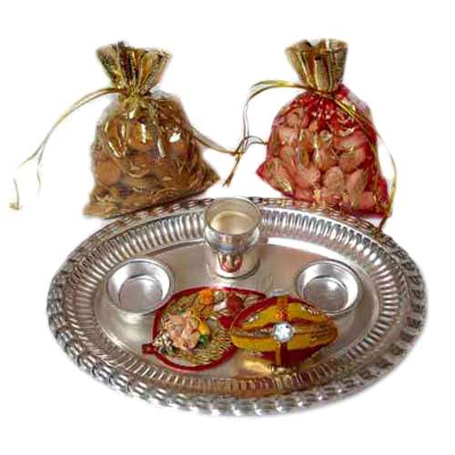 Bhai Dooj German Silver Pooja Thali with Dry Fruits