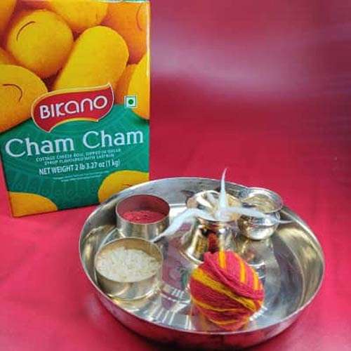 Silver Plated Bhai Dooj Tika Thali with Cham Cham - USA Direct