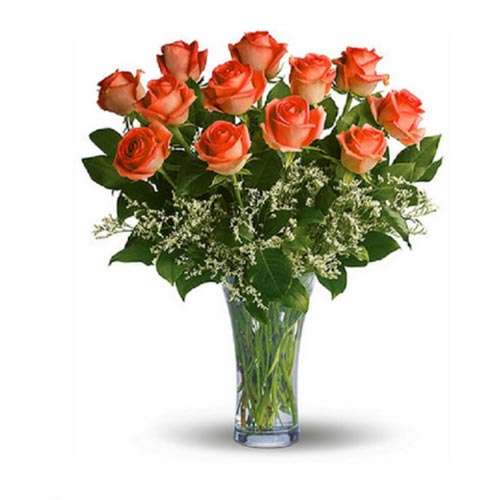12 Long Stemmed Orange Roses - Canada Direct