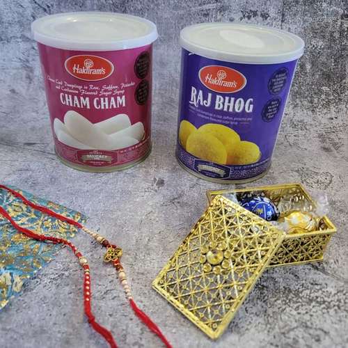 Cham Cham and Raj Bhog With Two Rakhi Set - USA Delivery Direct