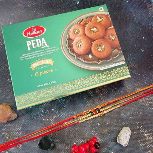 Peda With Three Designer Rakhi Set - USA Delivery Direct