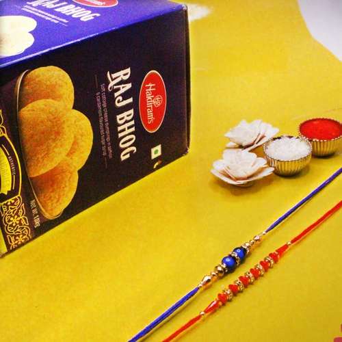 2 Designer Rakhis With Rajbhog 1kg - USA Delivery Direct