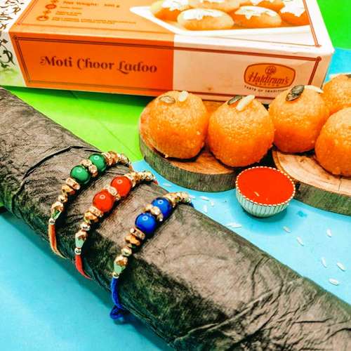 Motichoor Ladoo With 3 Designer Rakhis - USA Delivery Direct