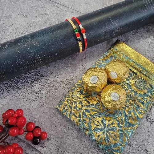 Ferrero Rocher With Two Designer Rakhi Set - USA Deliver Direct