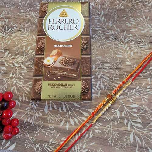 Ferrero Rocher Bar With Two Designer Rakhi - USA Delivery Direct