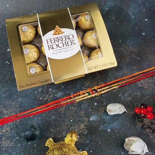 Ferrero Rocher With Three Designer Rakhi  - USA Delivery Direct