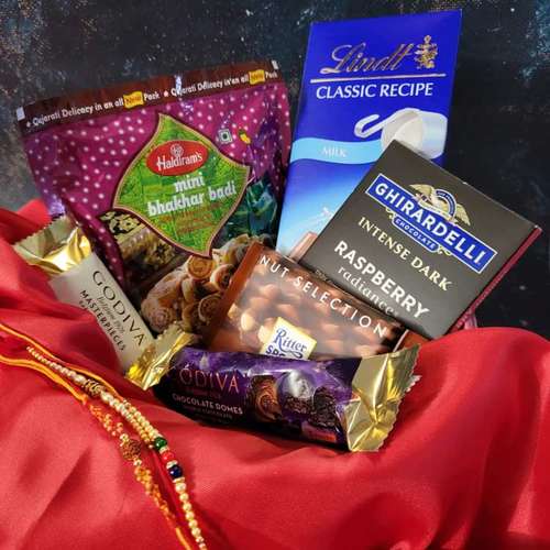 Three Designer Rakhi Set With Namkeen & Chocolate - USA Direct