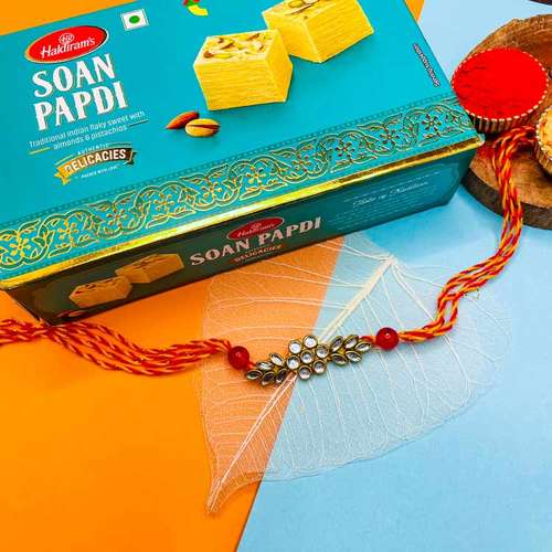 One Designer Rakhi With Soan Papdi - USA Delivery Direct