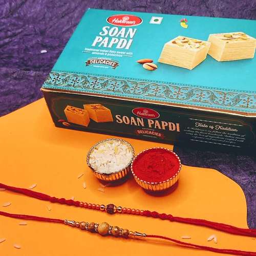 2 Designer Rakhi Set With Soan Papdi  - USA Delivery Direct