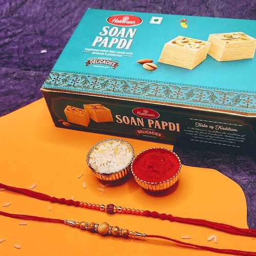 Two Designer Rakhi With Soan Papdi - Australia Delivery Direct