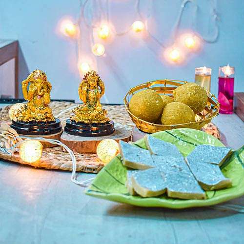 One Ganesha and Laxmi Idol & Sweets - USA Delivery Direct