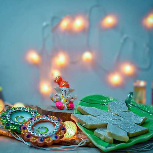 Ganesha Idol, Two Designer Diya & Sweets - USA Delivery Direct