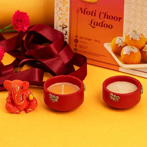Ganesha - Diya - Motichoor Laddu - USA Delivery Direct