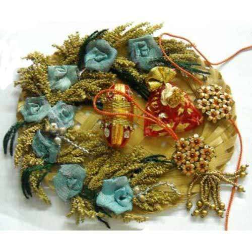 Cane Puja Thali With Fancy Rakhi Lumba set
