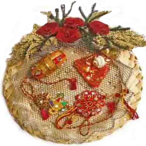 Cane Rakhi Puja Thali With Two Fancy Rakhis