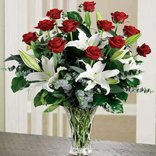 Red Roses & Casablanca Lily Arrangement - Greece Delivery Only