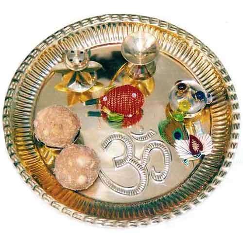 Diwali Brass Puja Thali With Gond Laddoos