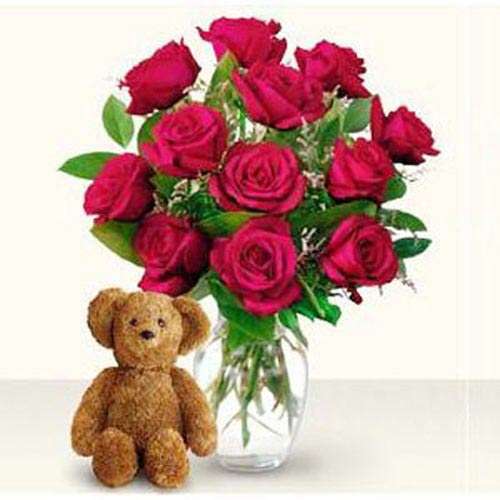 Dozen Red Roses And Teddy - Indonesia Delivery Only