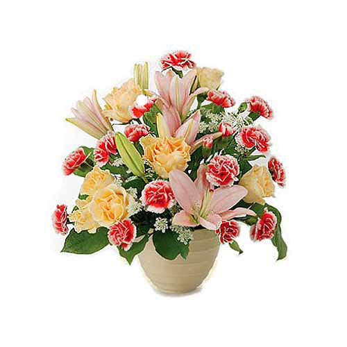Carnations And Lilies Arrangement- Tajikistan Delivery Only