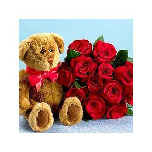One Dozen Red Roses with Bear - Iceland Delivery Only